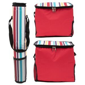 Gold Coast Striped 3pc Lunch Bag, Can Cooler, Cooler Bag Set in Red